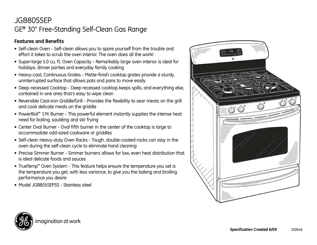 GE JGB805SEPSS dimensions GE 30 Free-Standing Self-CleanGas Range, Features and Benefits 
