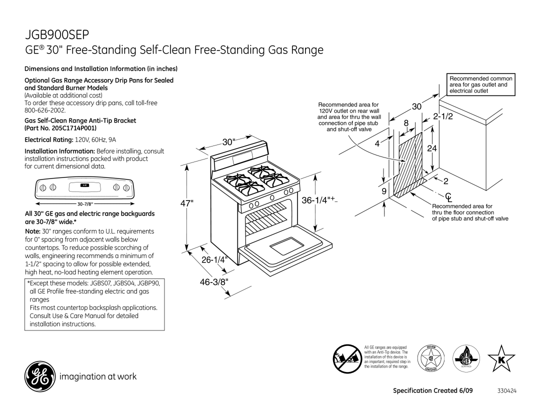 GE JGB900SEPSS dimensions GE 30 Free-Standing Self-Clean Free-Standing Gas Range, 26-1/4 46-3/8 36-1/4+ 