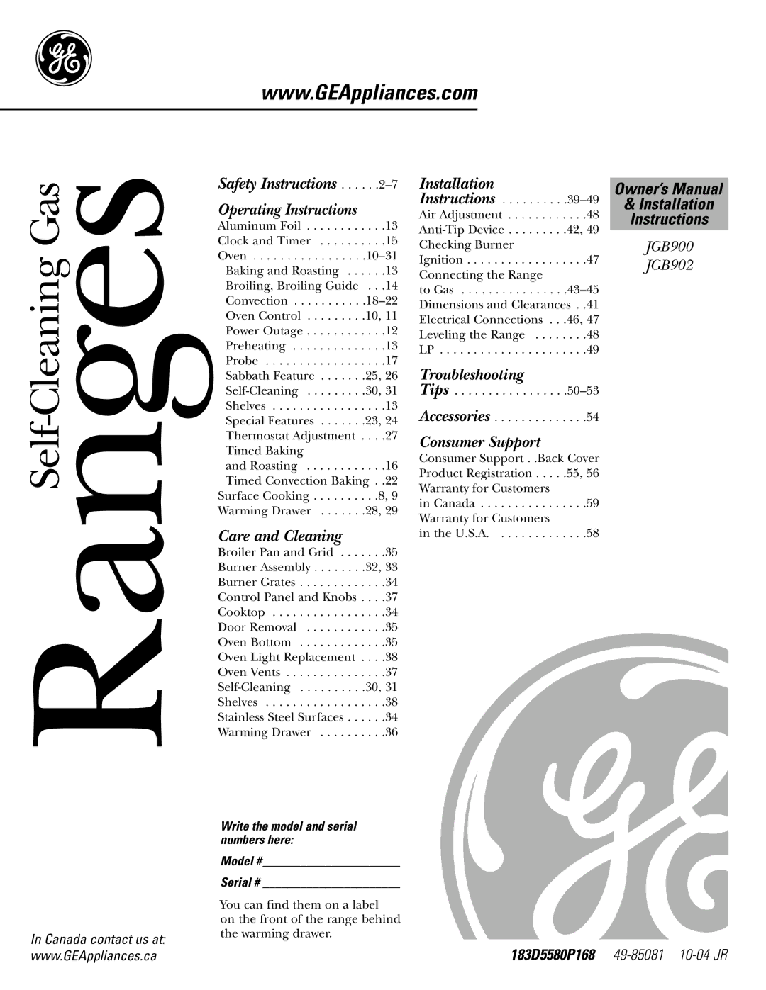 GE JGB902 installation instructions Installation Instructions, Write the model and serial numbers here Model # Serial # 