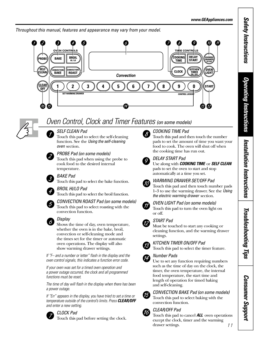 GE JGB902 installation instructions Troubleshooting Tips Consumer Support, Oven Light Pad on some models 