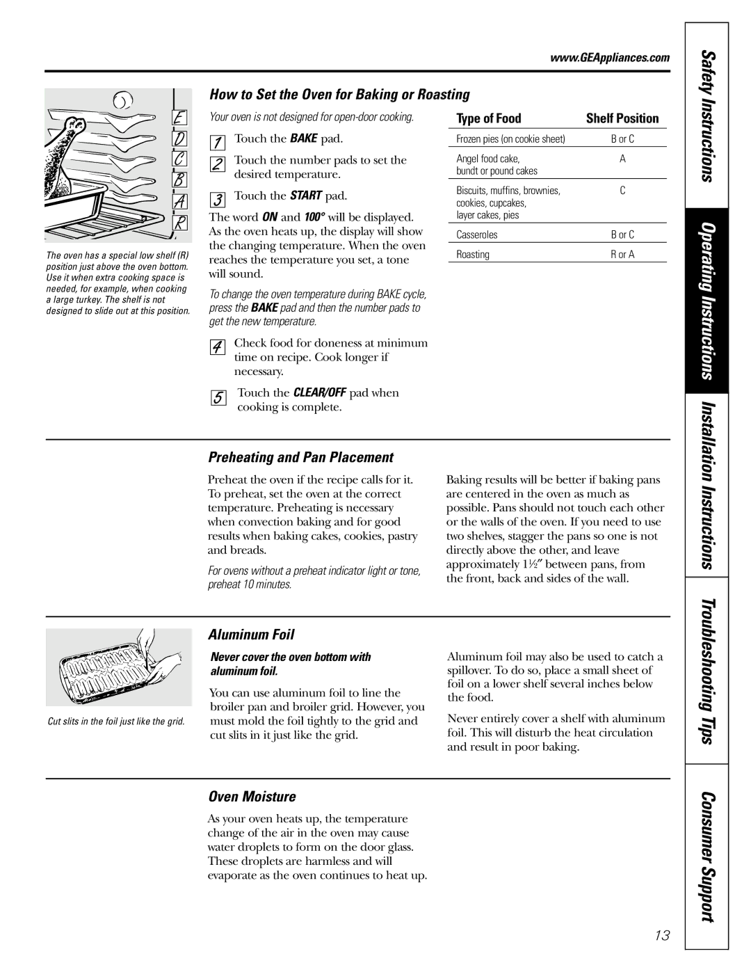 GE JGB902 How to Set the Oven for Baking or Roasting, Preheating and Pan Placement, Aluminum Foil, Oven Moisture 