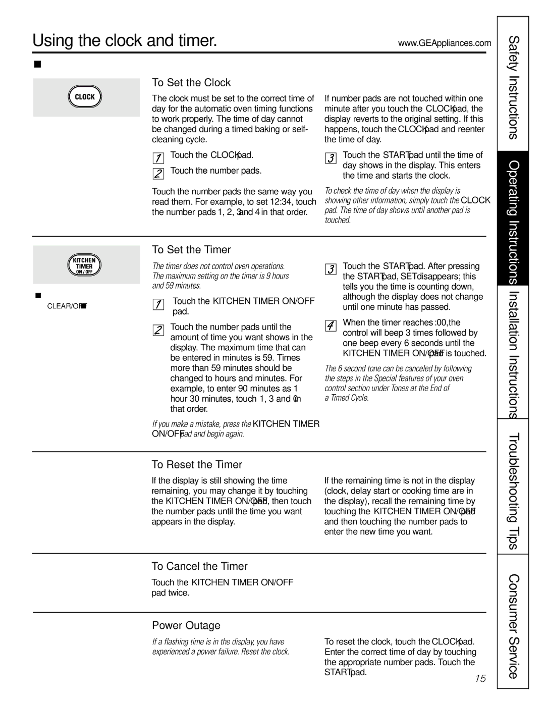 GE JGB902 installation instructions Using the clock and timer, Installation Instructions, Consumer Service 