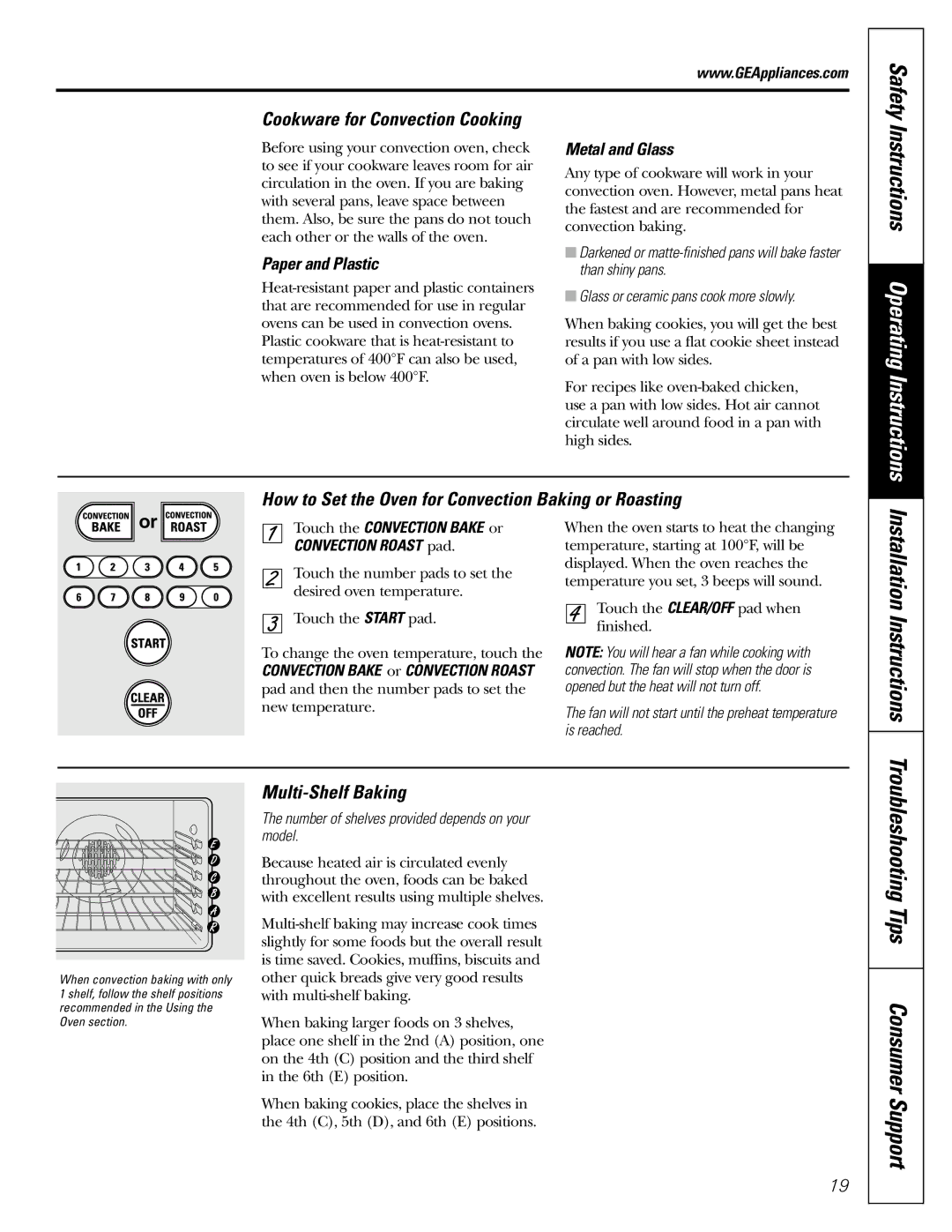 GE JGB902 Troubleshooting Tips Consumer Support, How to Set the Oven for Convection Baking or Roasting, Multi-Shelf Baking 