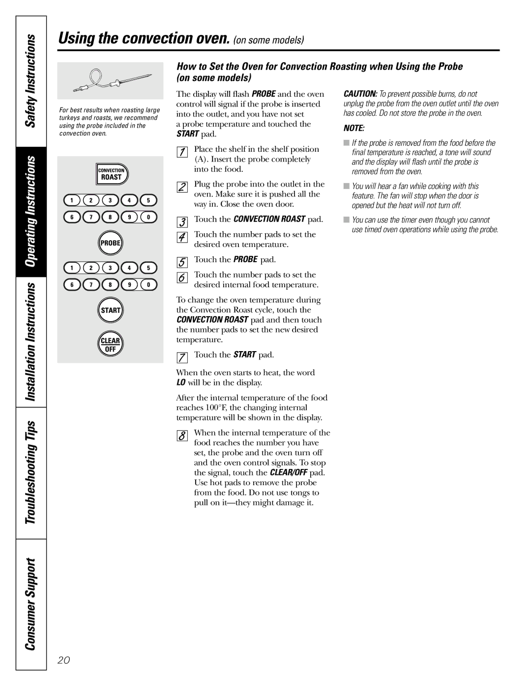 GE JGB902 installation instructions Operating Instructions Safety, Touch the Convection Roast pad 