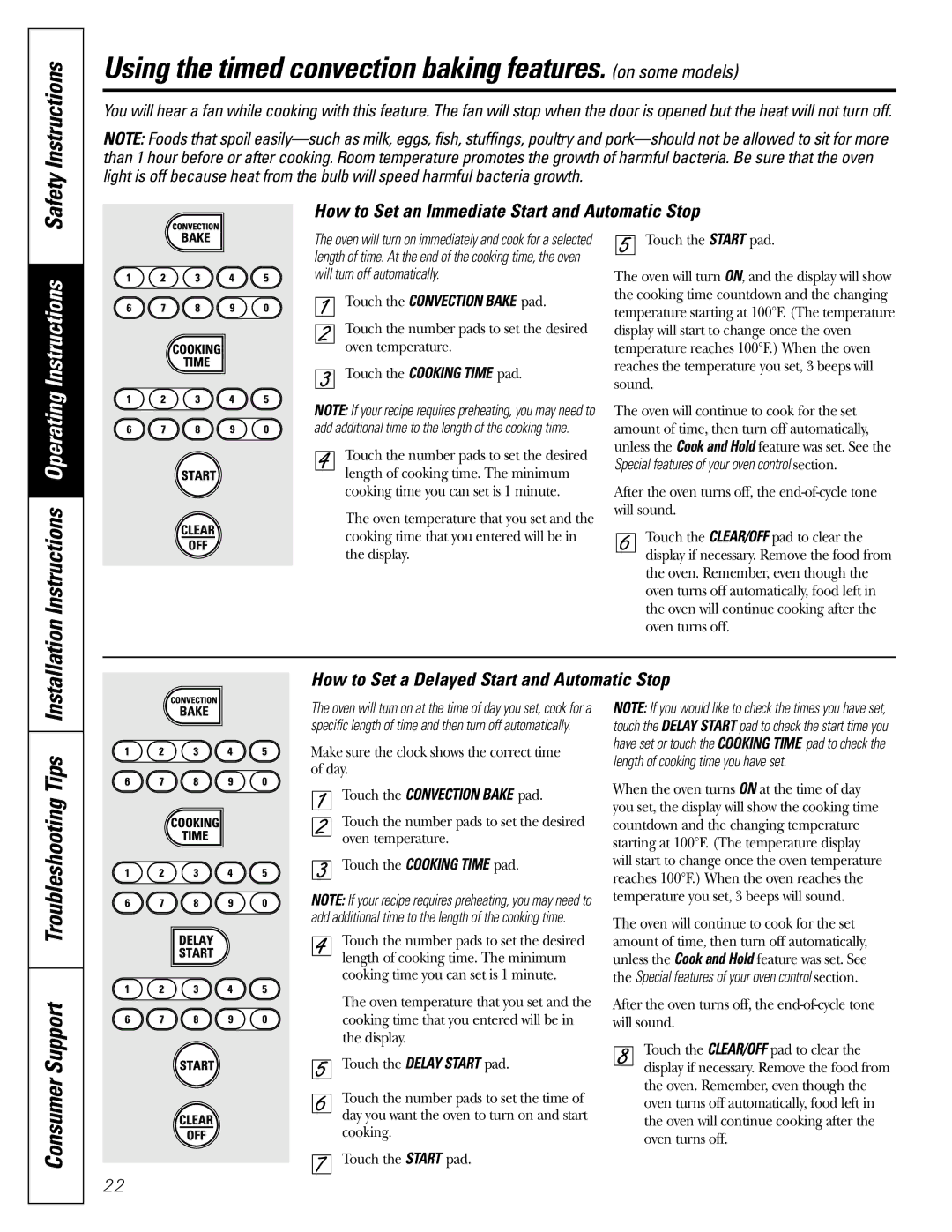 GE JGB902 Using the timed convection baking features. on some models, Safety Instructions, Touch the Convection Bake pad 