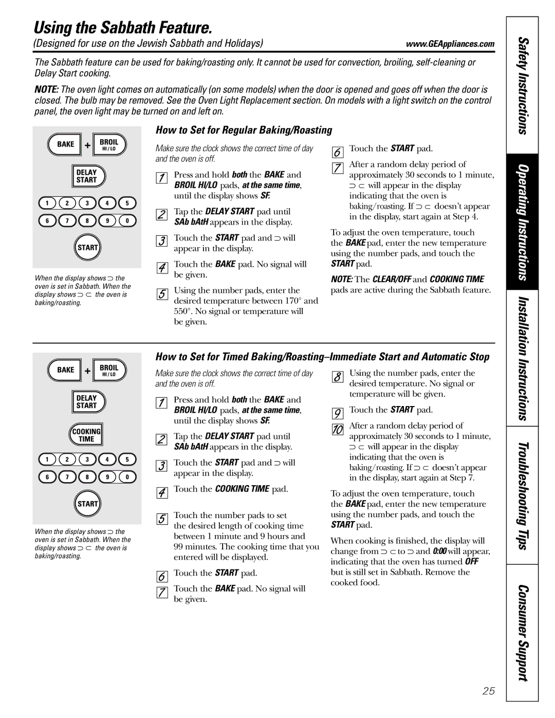 GE JGB902 Using the Sabbath Feature, Instructions Troubleshooting Tips Consumer Support, Safety Instructions 