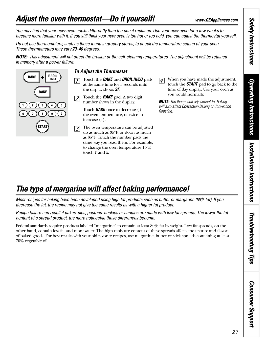 GE JGB902 Adjust the oven thermostat-Do it yourself, Type of margarine will affect baking performance, Safety Instructions 