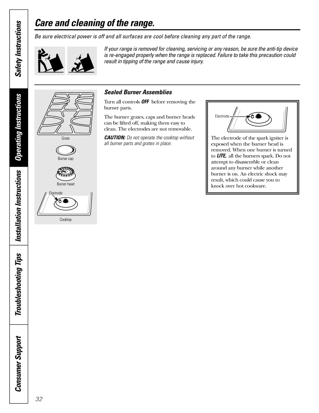 GE JGB902 installation instructions Care and cleaning of the range, Sealed Burner Assemblies 