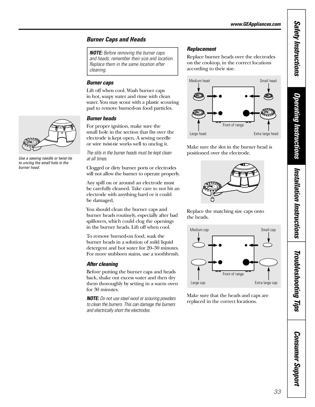 GE JGB902 installation instructions Tips Consumer Support, Burner Caps and Heads 