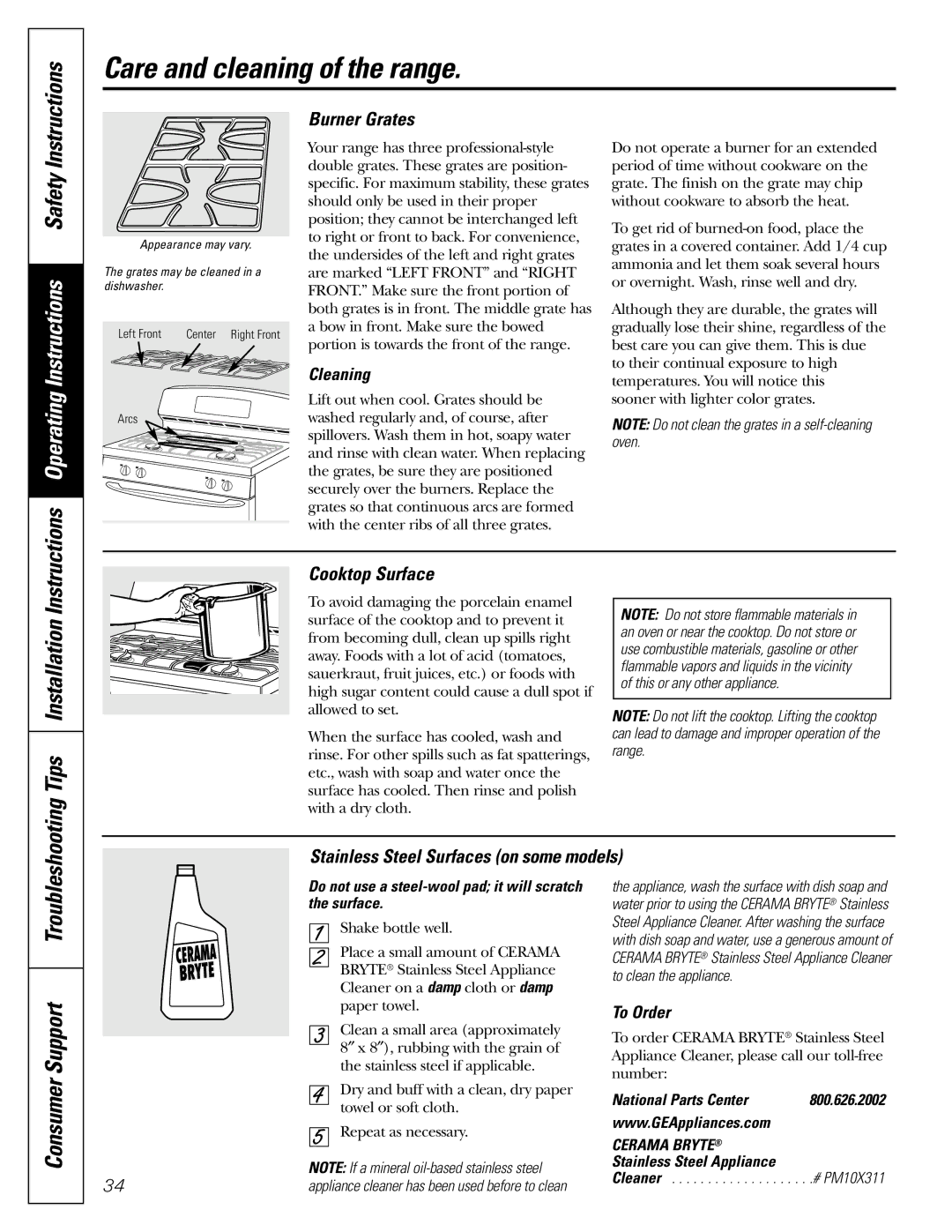 GE JGB902 installation instructions Consumer Support Troubleshooting, Burner Grates, Cooktop Surface, Cleaning, To Order 