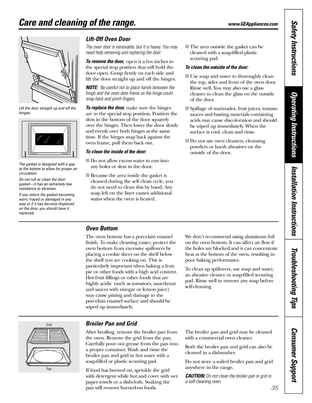 GE JGB902 installation instructions Troubleshooting Tips, Lift-Off Oven Door, Oven Bottom, Broiler Pan and Grid 