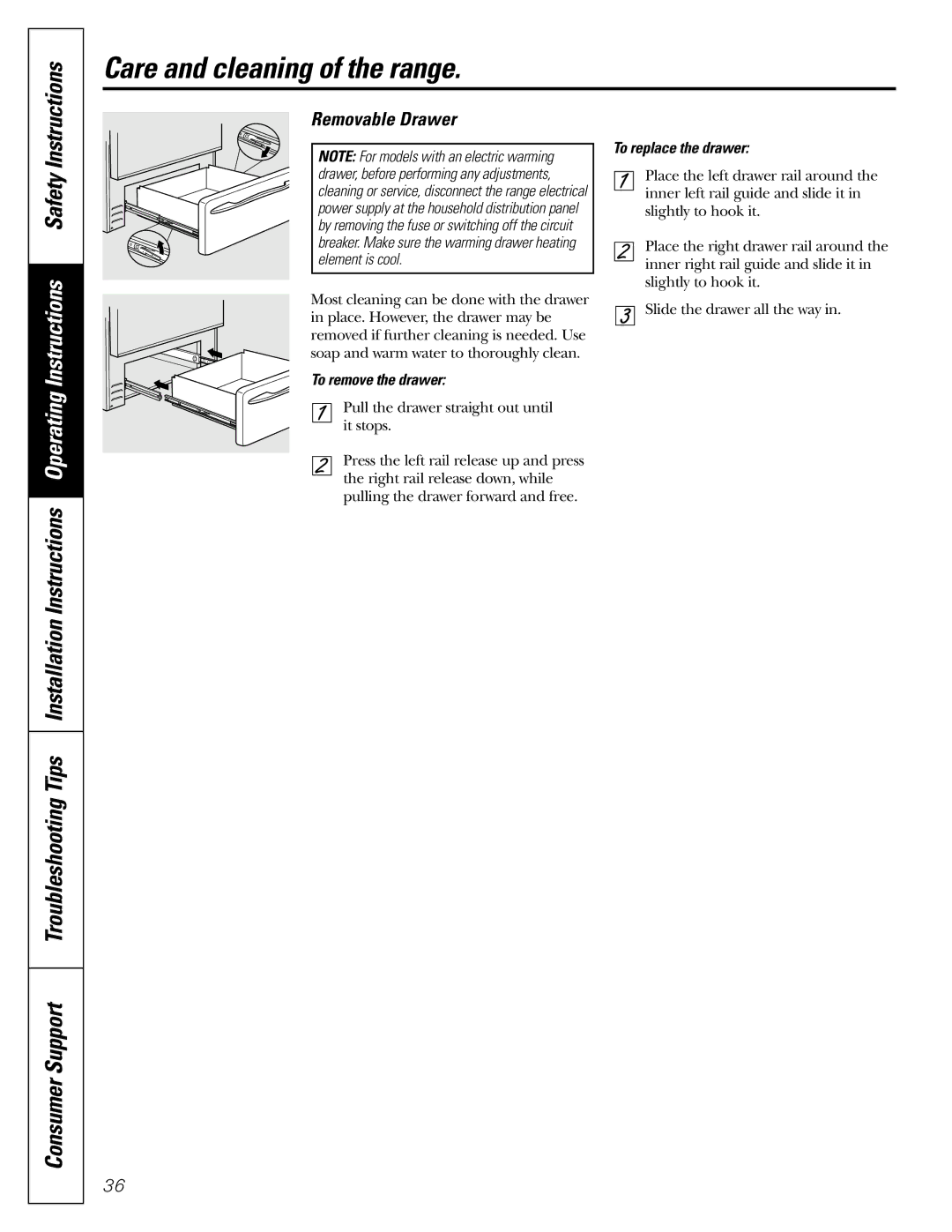 GE JGB902 installation instructions Removable Drawer, To remove the drawer, To replace the drawer 