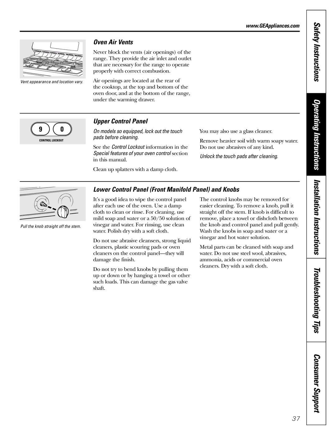 GE JGB902 Safety Instructions Operating, Oven Air Vents, Upper Control Panel, Unlock the touch pads after cleaning 