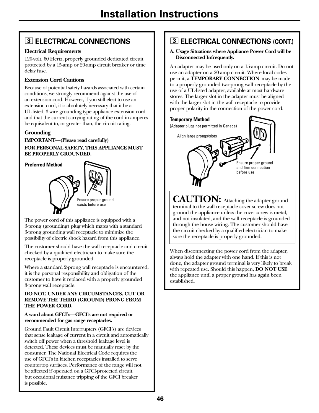 GE JGB902 installation instructions Electrical Connections, Electrical Requirements 