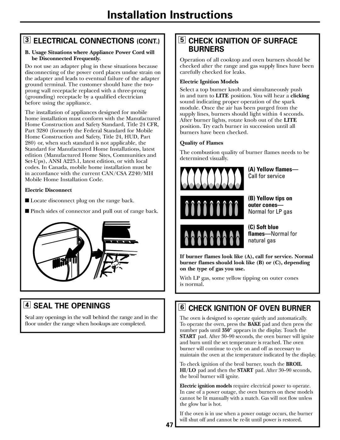 GE JGB902 installation instructions Check Ignition of Surface Burners, Seal the Openings, Check Ignition of Oven Burner 