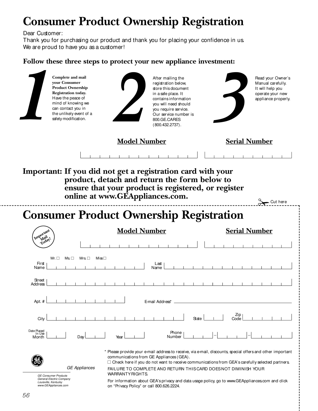 GE JGB902 installation instructions Consumer Product Ownership Registration 