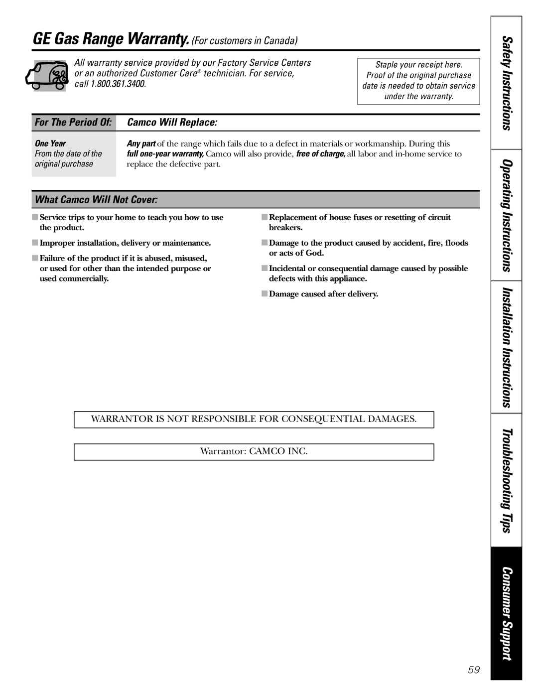 GE JGB902 Safety Instructions Operating, Instructions Installation Instructions, Camco Will Replace 