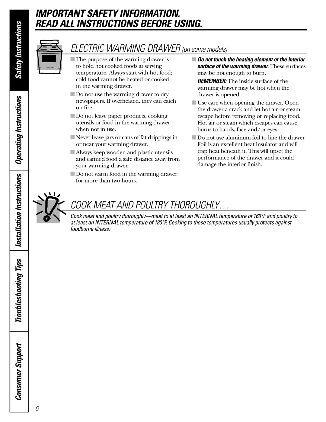 GE JGB902 Consumer Support Troubleshooting Tips Installation, Instructions Operating Instructions Safety 