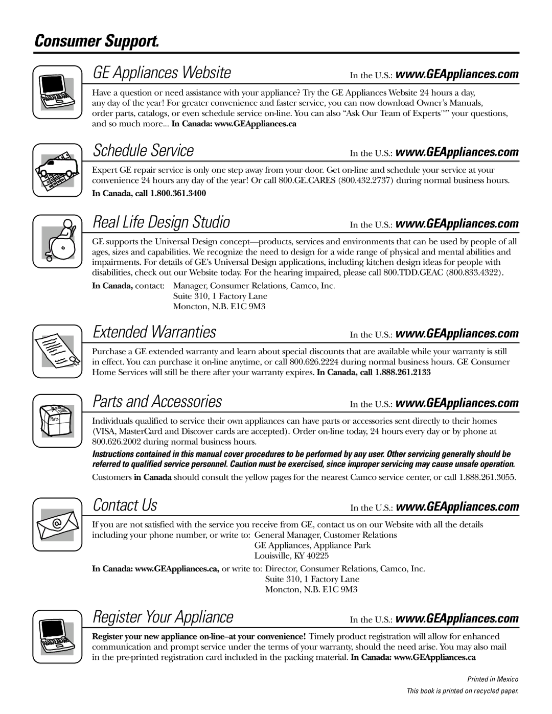 GE JGB902 installation instructions Consumer Support, GE Appliances Website Schedule Service 