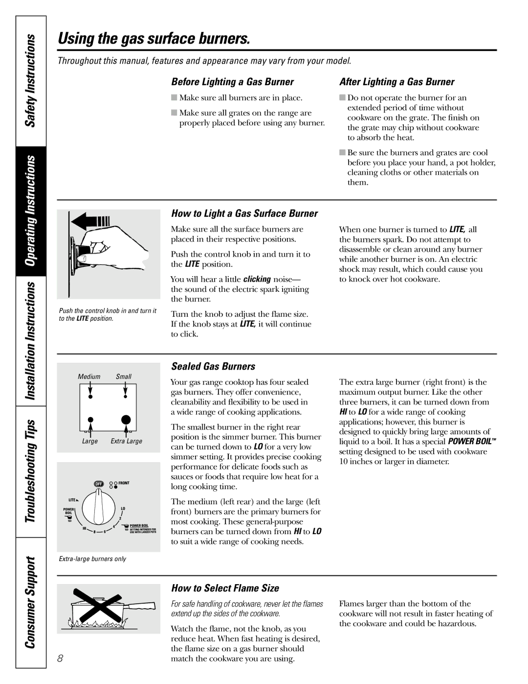 GE JGB902 Using the gas surface burners, Consumer, Instructions Operating, Troubleshooting Tips Installation 