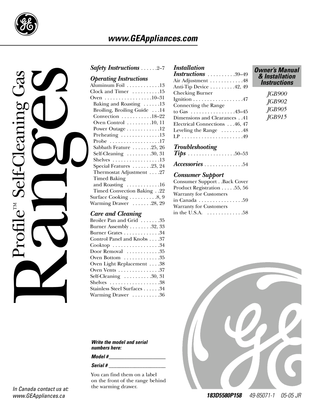 GE JGB915 installation instructions Installation Instructions, Write the model and serial numbers here Model # Serial # 