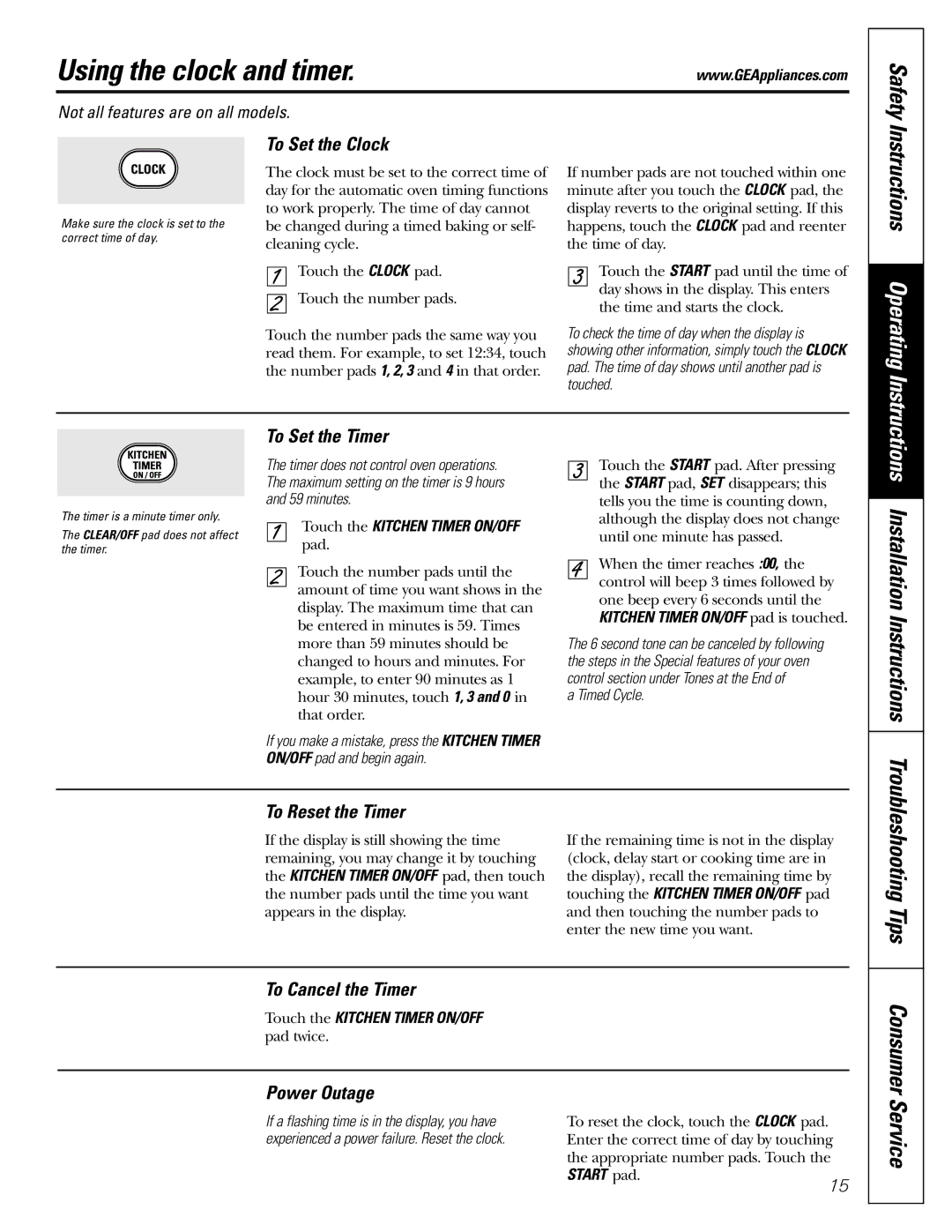 GE JGB915, JGB905 installation instructions Using the clock and timer, Installation Instructions, Consumer Service 