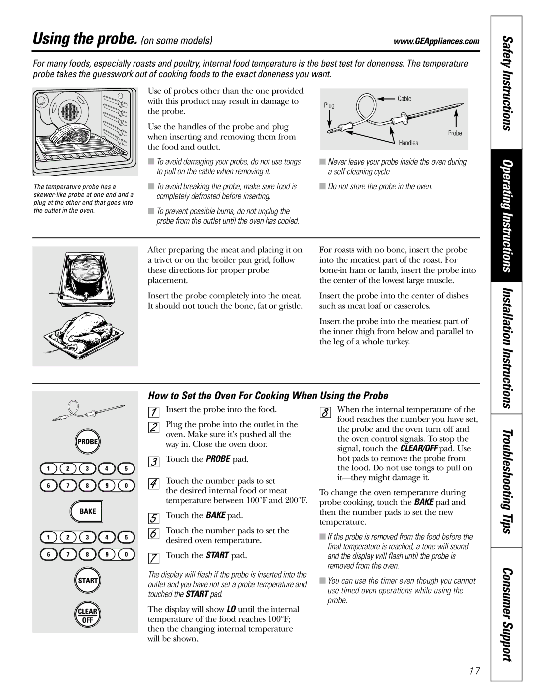 GE JGB915 Using the probe. on some models, How to Set the Oven For Cooking When Using the Probe, Installation Instructions 