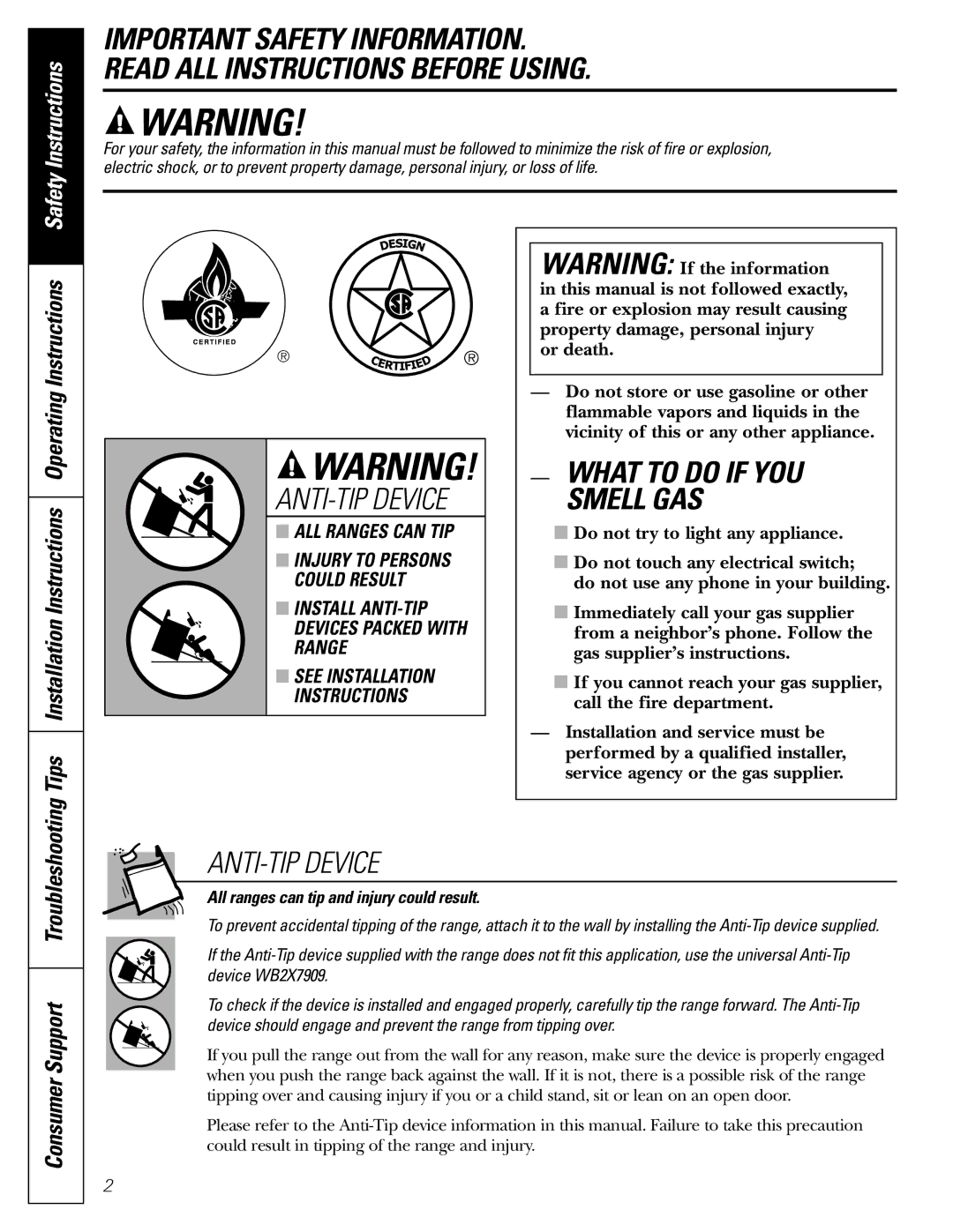 GE JGB905, JGB915 installation instructions Consumer Support Troubleshooting, All ranges can tip and injury could result 