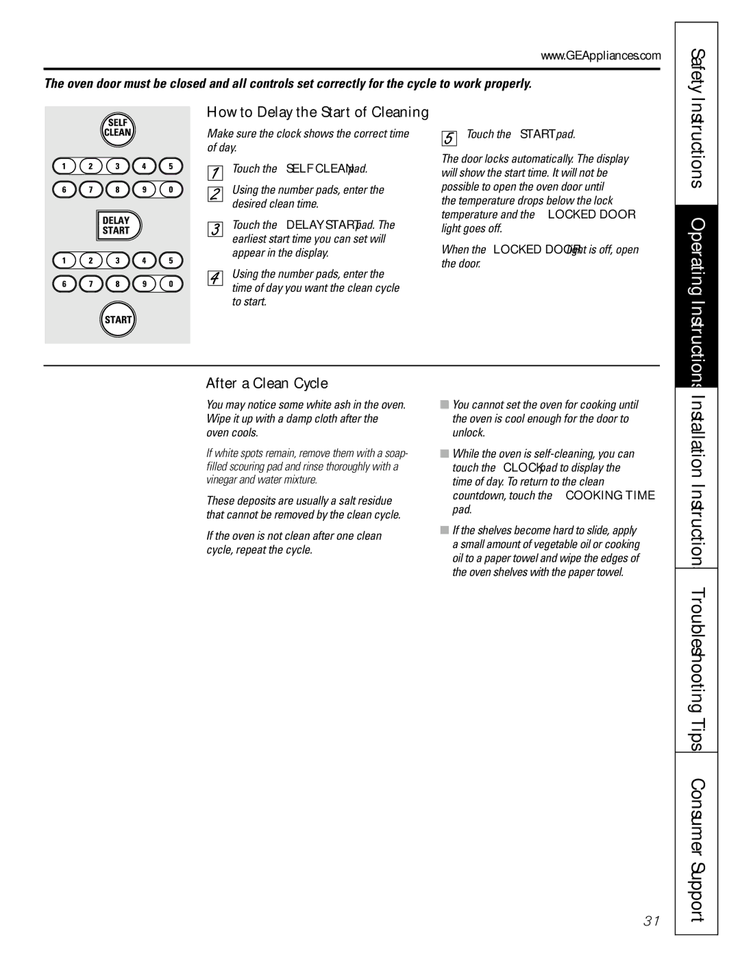 GE JGB915, JGB905 installation instructions After a Clean Cycle, How to Delay the Start of Cleaning 