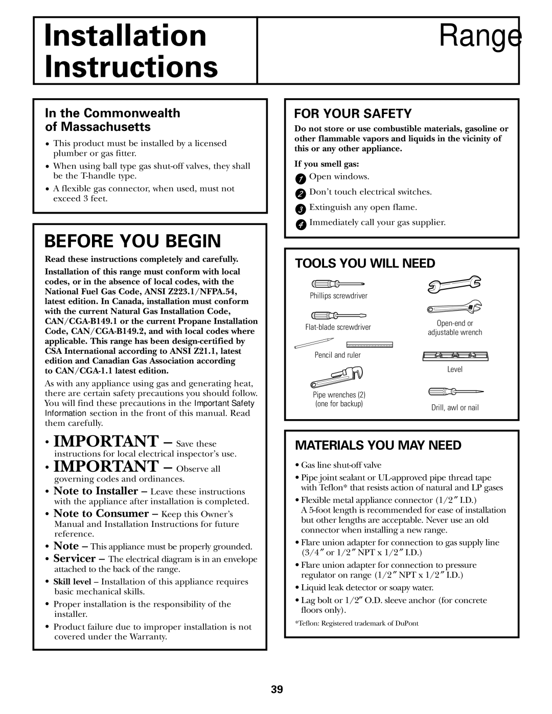 GE JGB915, JGB905 installation instructions For Your Safety, Tools YOU will Need, Materials YOU MAY Need 