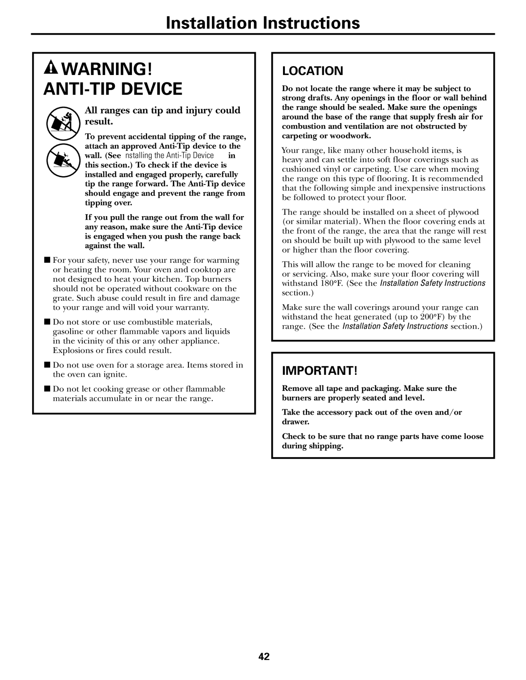 GE JGB905, JGB915 installation instructions ANTI-TIP Device, Location 