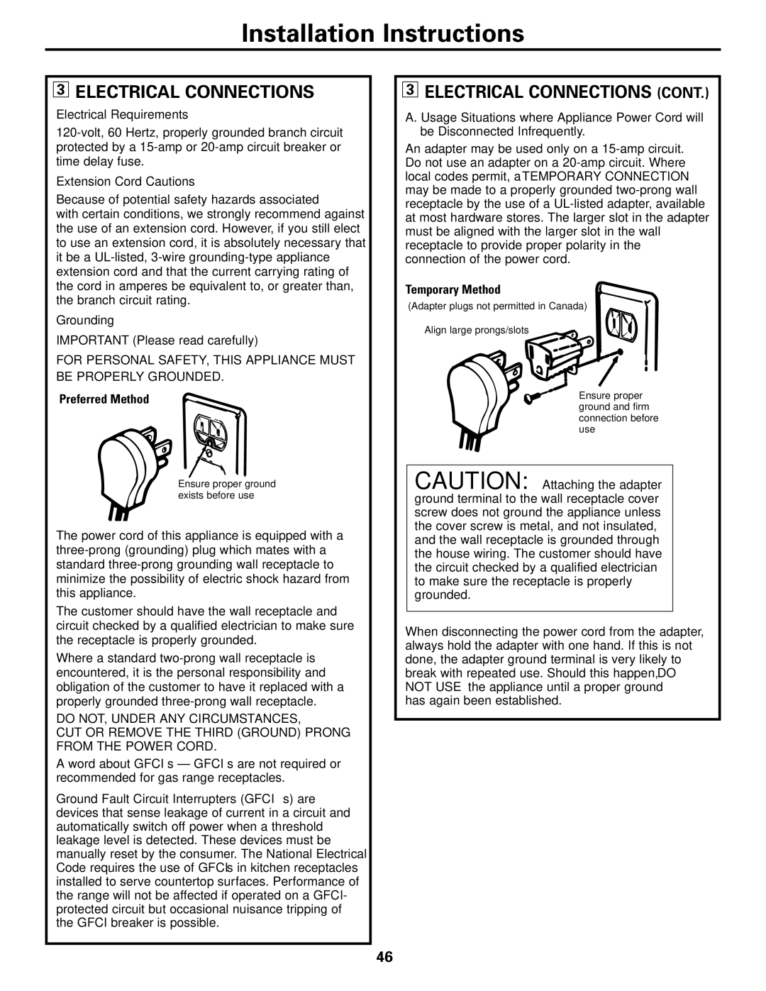 GE JGB905, JGB915 installation instructions Electrical Connections, Electrical Requirements 