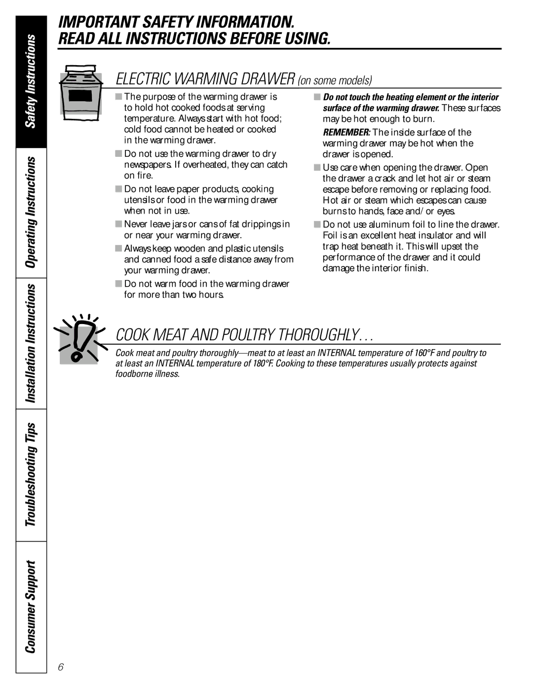 GE JGB905, JGB915 Consumer Support Troubleshooting Tips Installation, Instructions Operating Instructions Safety 