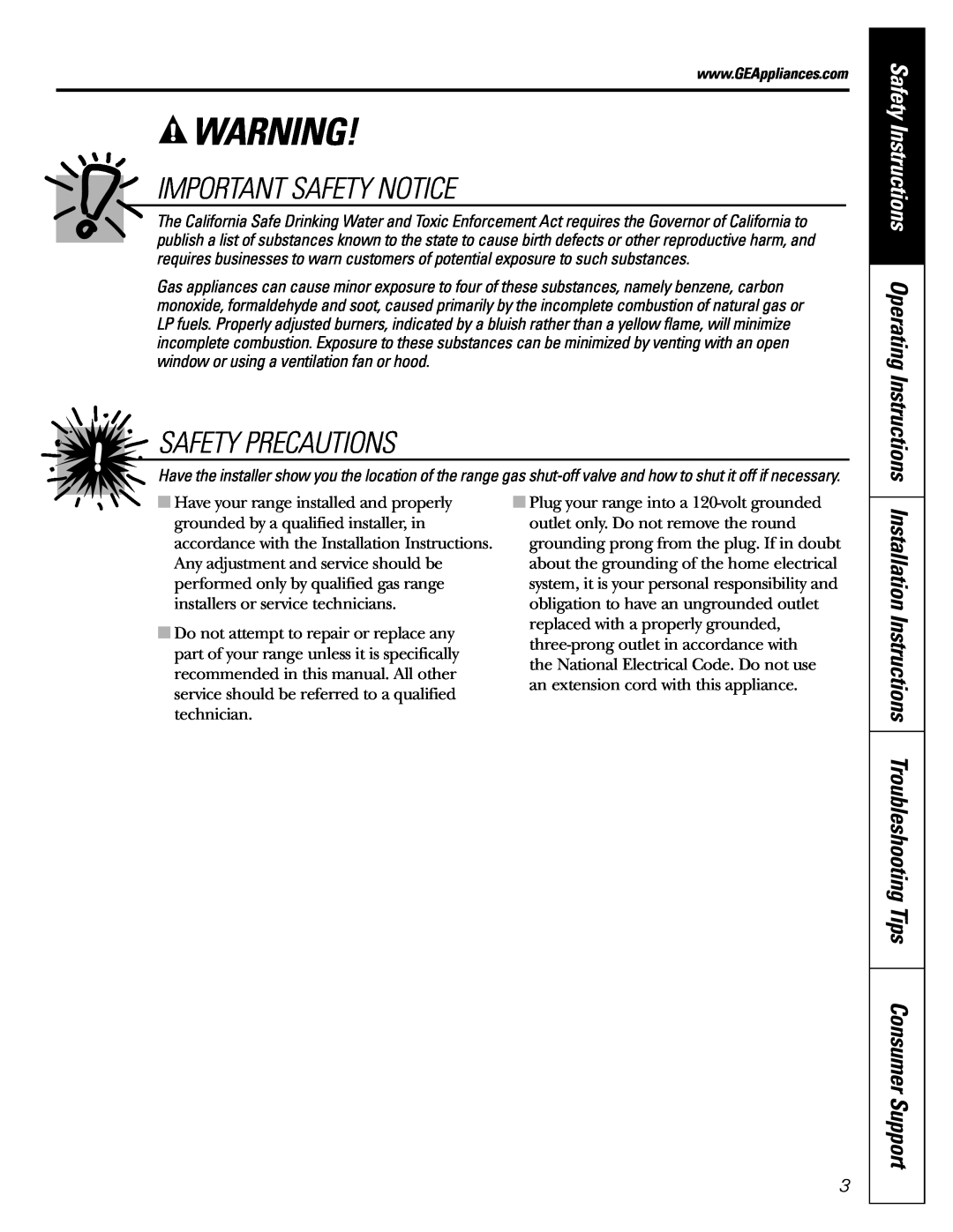 GE JGB915, JGB905 Important Safety Notice, Safety Precautions, Safety Instructions Operating Instructions 