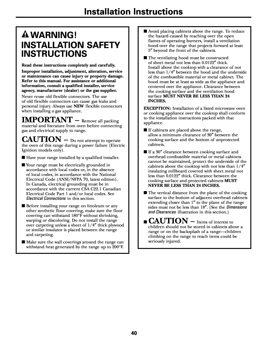 GE JGB905, JGB915 installation instructions Installation Instructions, Installation Safety Instructions 