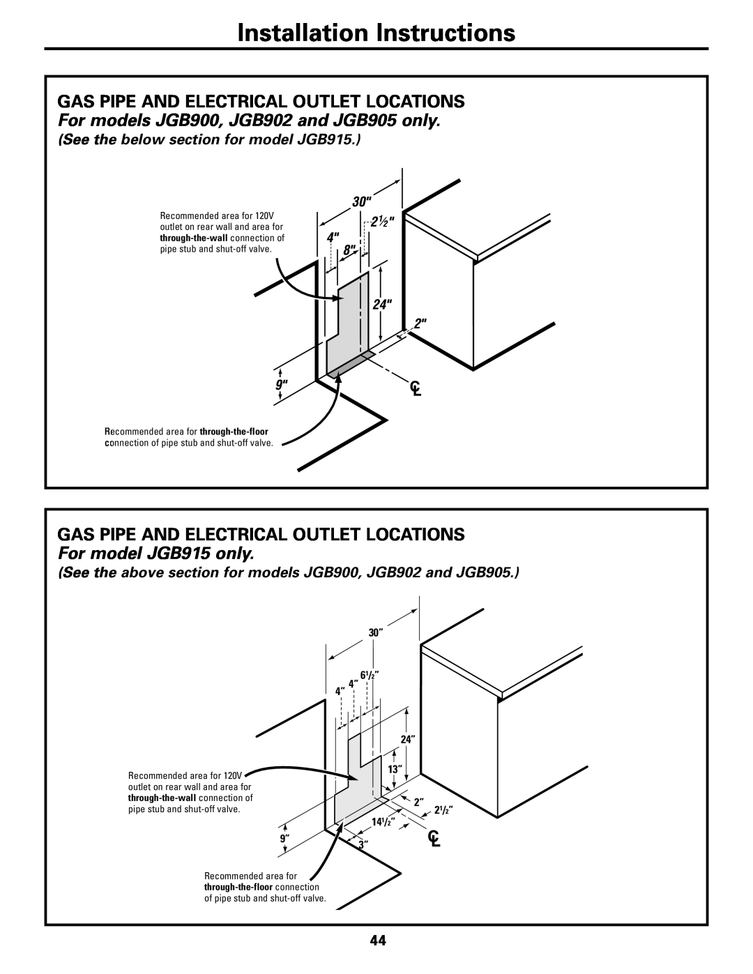 GE JGB905 Installation Instructions, See the below section for model JGB915, 30” 61/2” 4” 4” 24” 13” 2” 141/2” 3”, 21/2” 