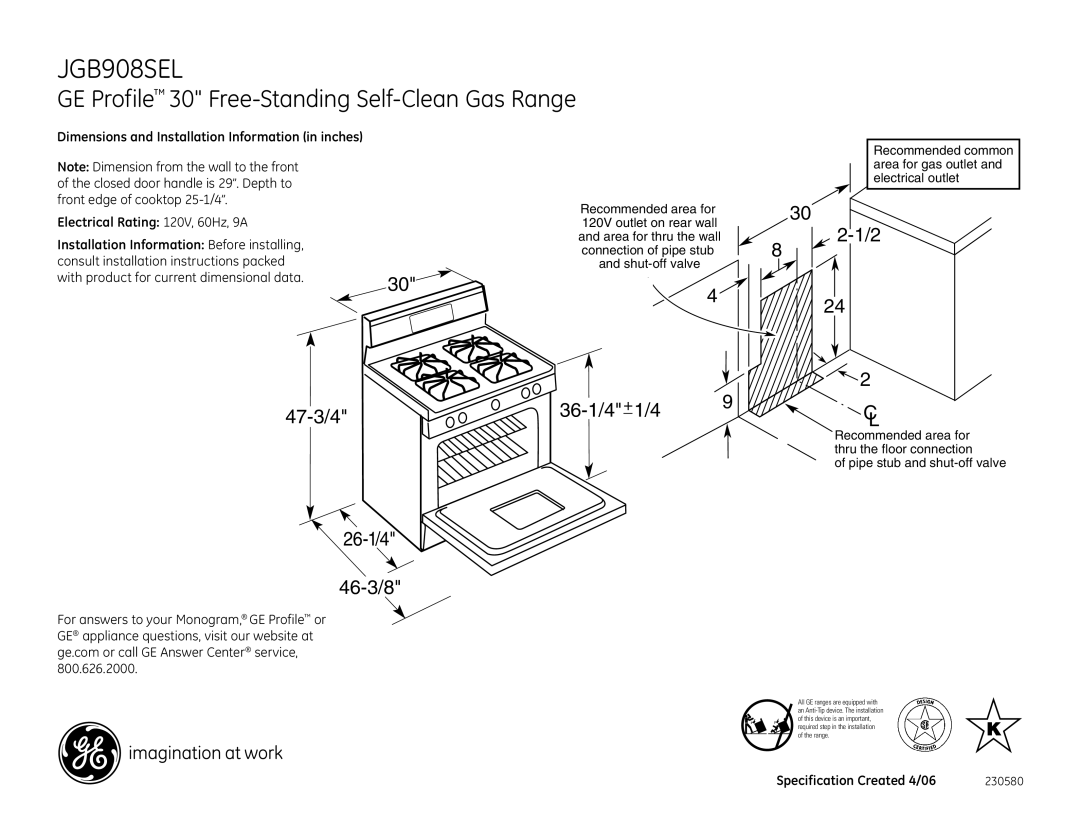 GE JGB908SEL dimensions GE Profile 30 Free-Standing Self-Clean Gas Range, 47-3/4 26-1/4 46-3/8 36-1/4+1/4 