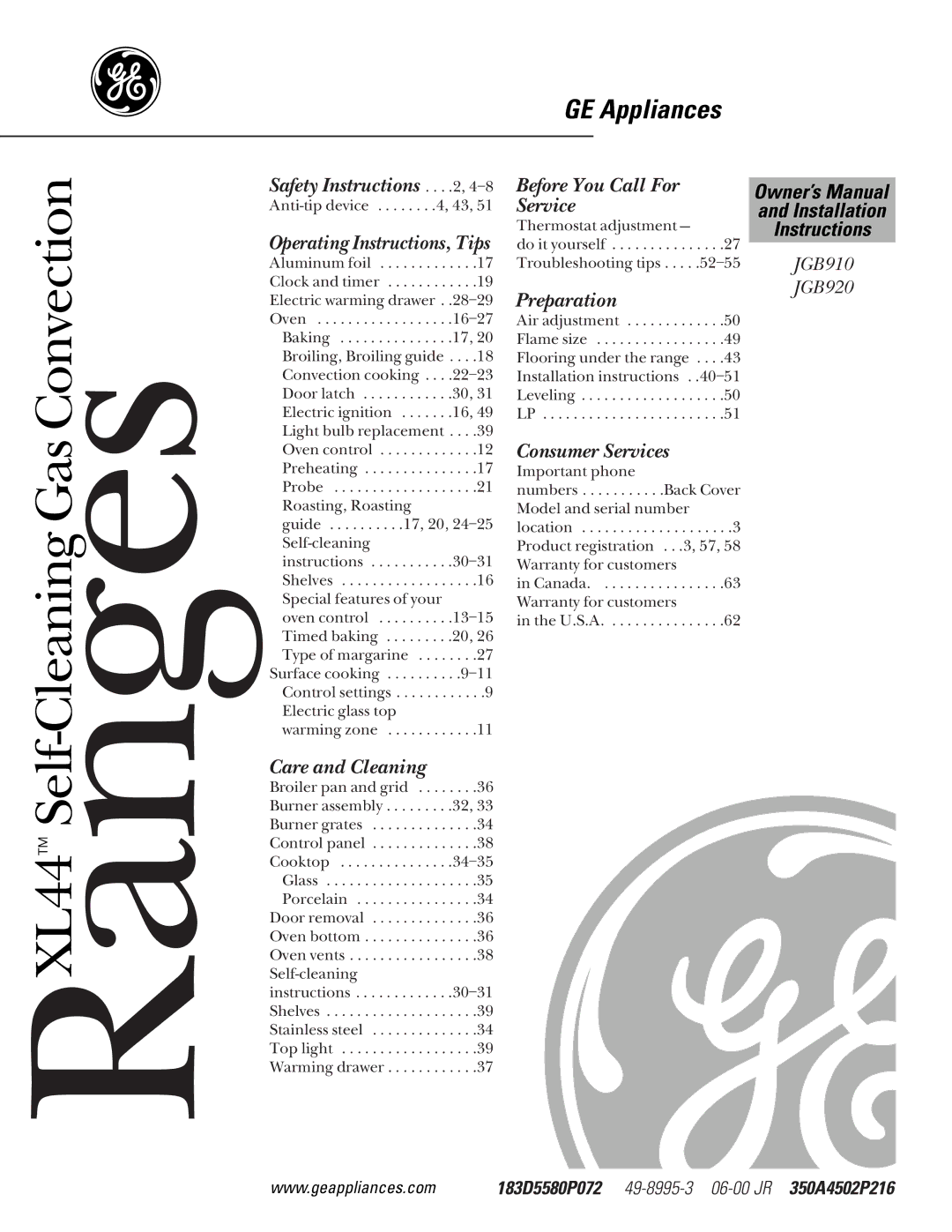 GE JGB920, JGB910 owner manual GE Appliances, 183D5580P072 49-8995-306-00 JR 350A4502P216 