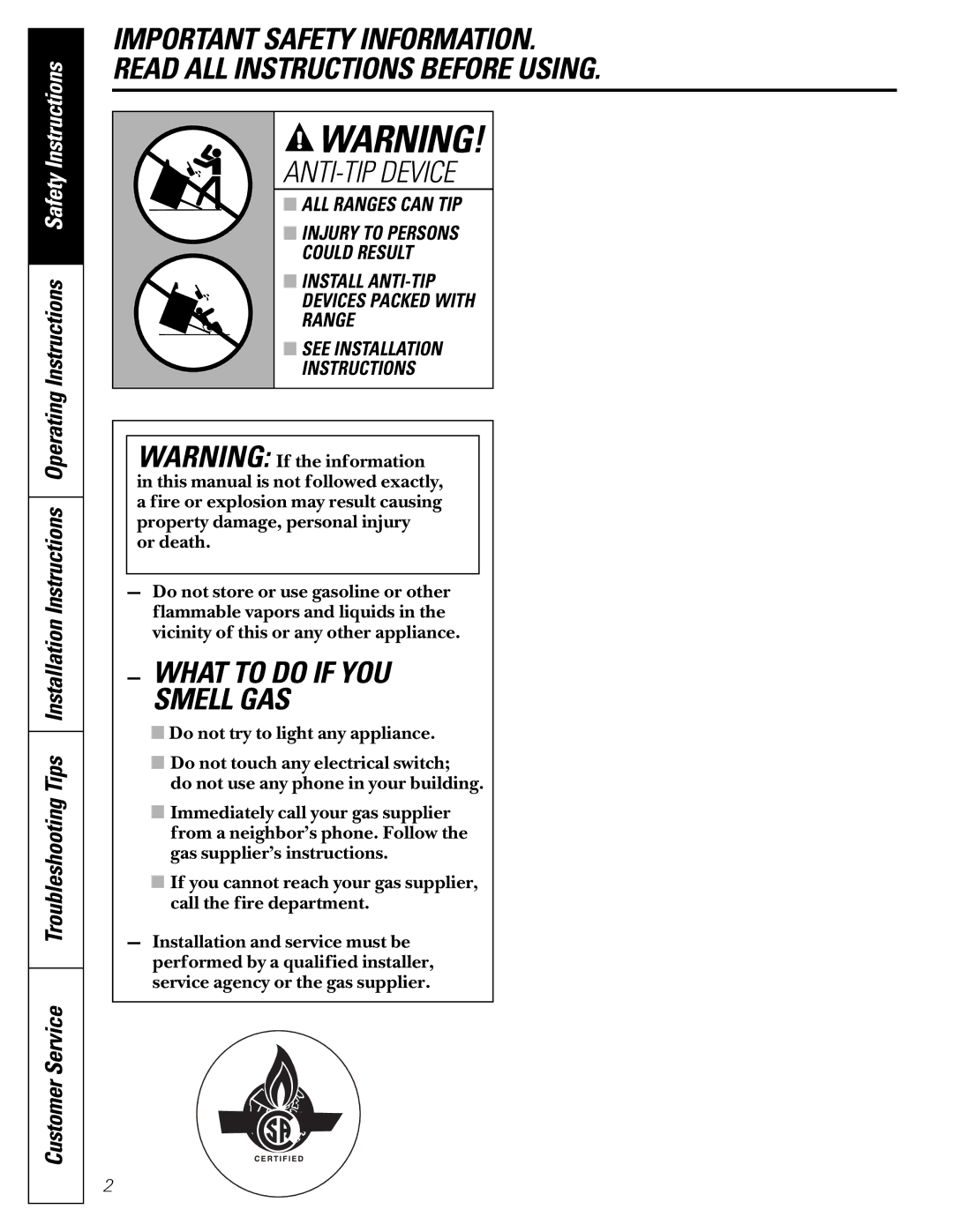 GE JGB910, JGB920 owner manual ANTI-TIP Device, Customer Service 