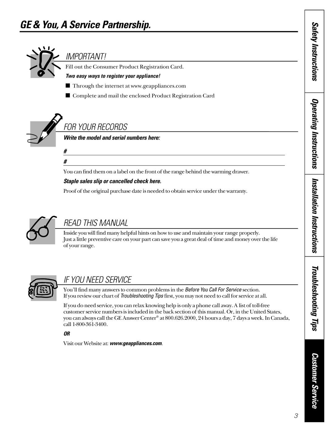 GE JGB920, JGB910 owner manual GE & You, a Service Partnership, Write the model and serial numbers here 