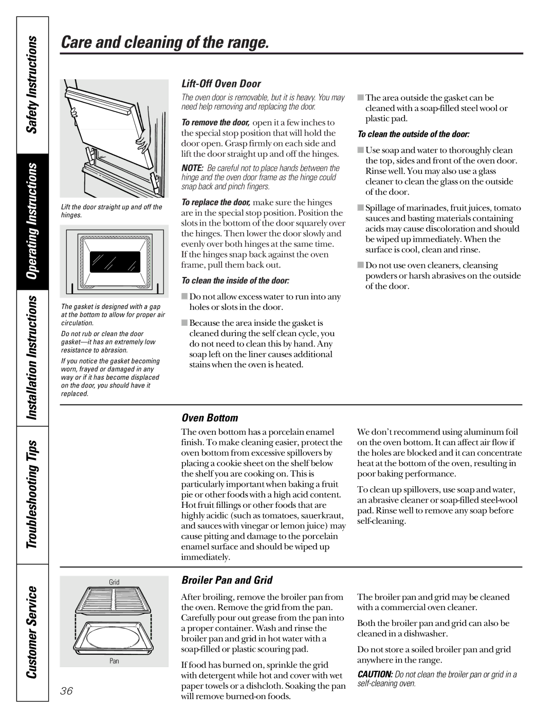 GE JGB910, JGB920 owner manual Lift-Off Oven Door, Oven Bottom, Broiler Pan and Grid, To clean the inside of the door 