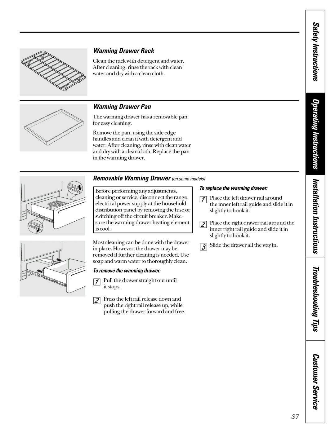 GE JGB920 Warming Drawer Rack, Warming Drawer Pan, Removable Warming Drawer on some models, To replace the warming drawer 