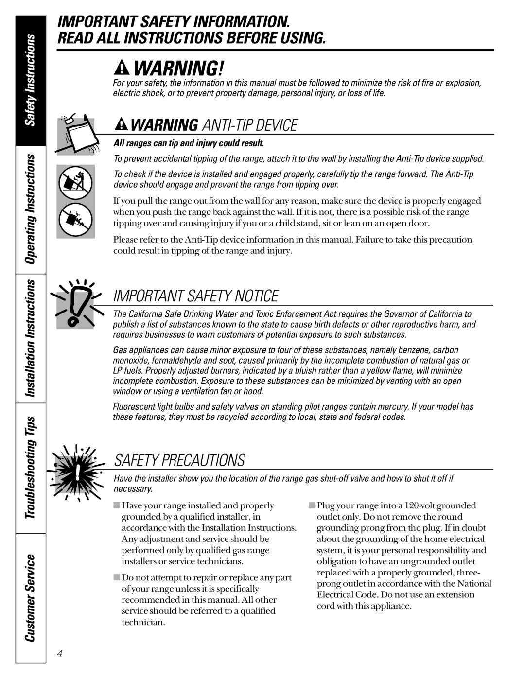 GE JGB910, JGB920 owner manual Important Safety Notice, All ranges can tip and injury could result 