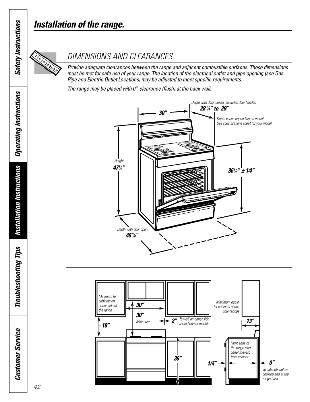 GE JGB910, JGB920 owner manual 28 1⁄4 to, 36 ⁄ ± 1⁄4, 46 3⁄8 