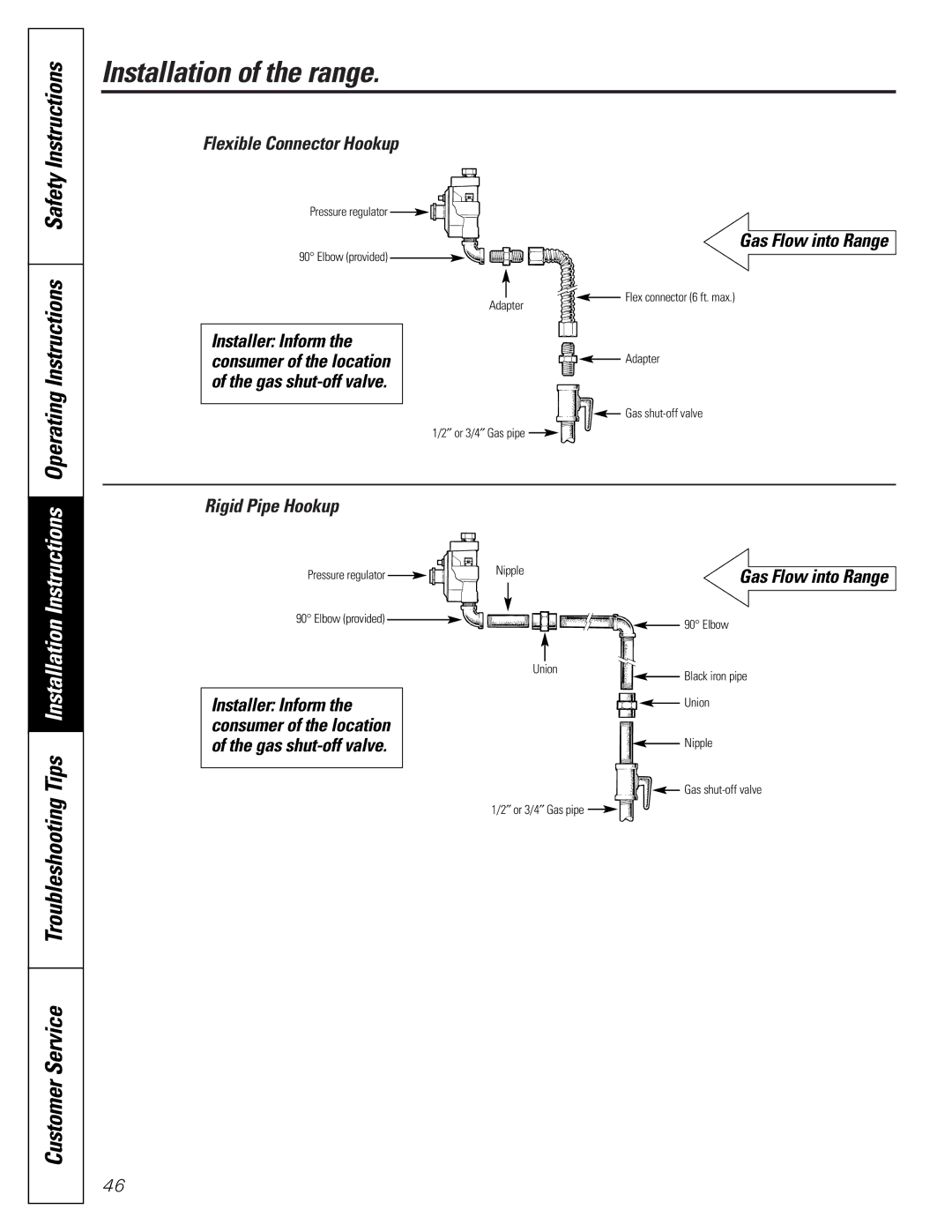 GE JGB910, JGB920 Troubleshooting Tips Installation Customer Service, Flexible Connector Hookup, Gas Flow into Range 