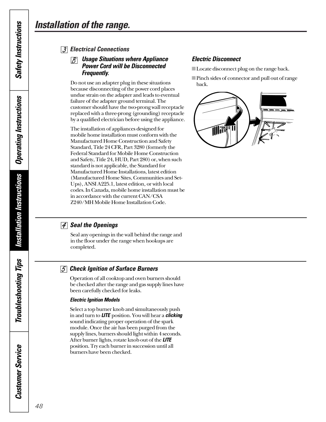 GE JGB910 Instructions Operating Instructions Safety, Electric Disconnect, Seal the Openings, Electric Ignition Models 