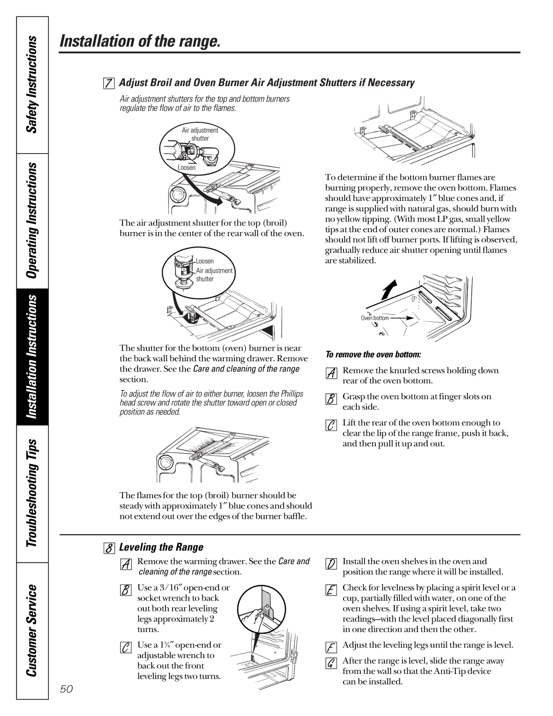 GE JGB910, JGB920 owner manual Leveling the Range, To remove the oven bottom 