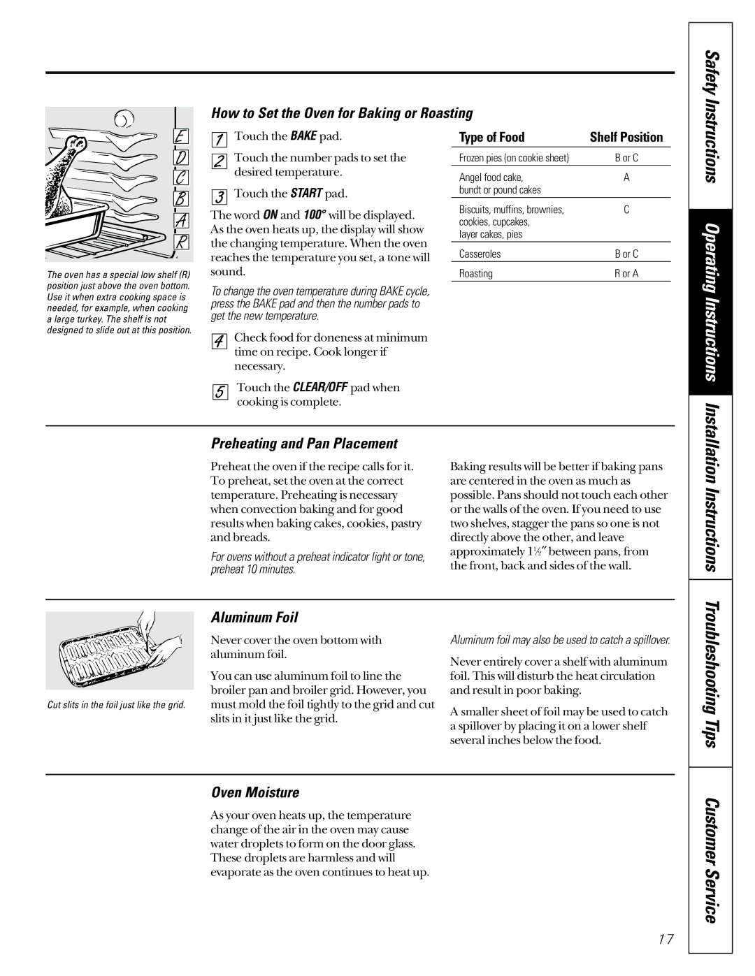 GE JGB910 JGB920 How to Set the Oven for Baking or Roasting, Preheating and Pan Placement, Aluminum Foil, Oven Moisture 