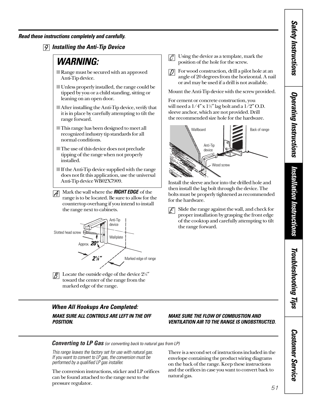 GE JGB910 JGB920 owner manual Installing the Anti-Tip Device, When All Hookups Are Completed, Troubleshooting Tips Customer 