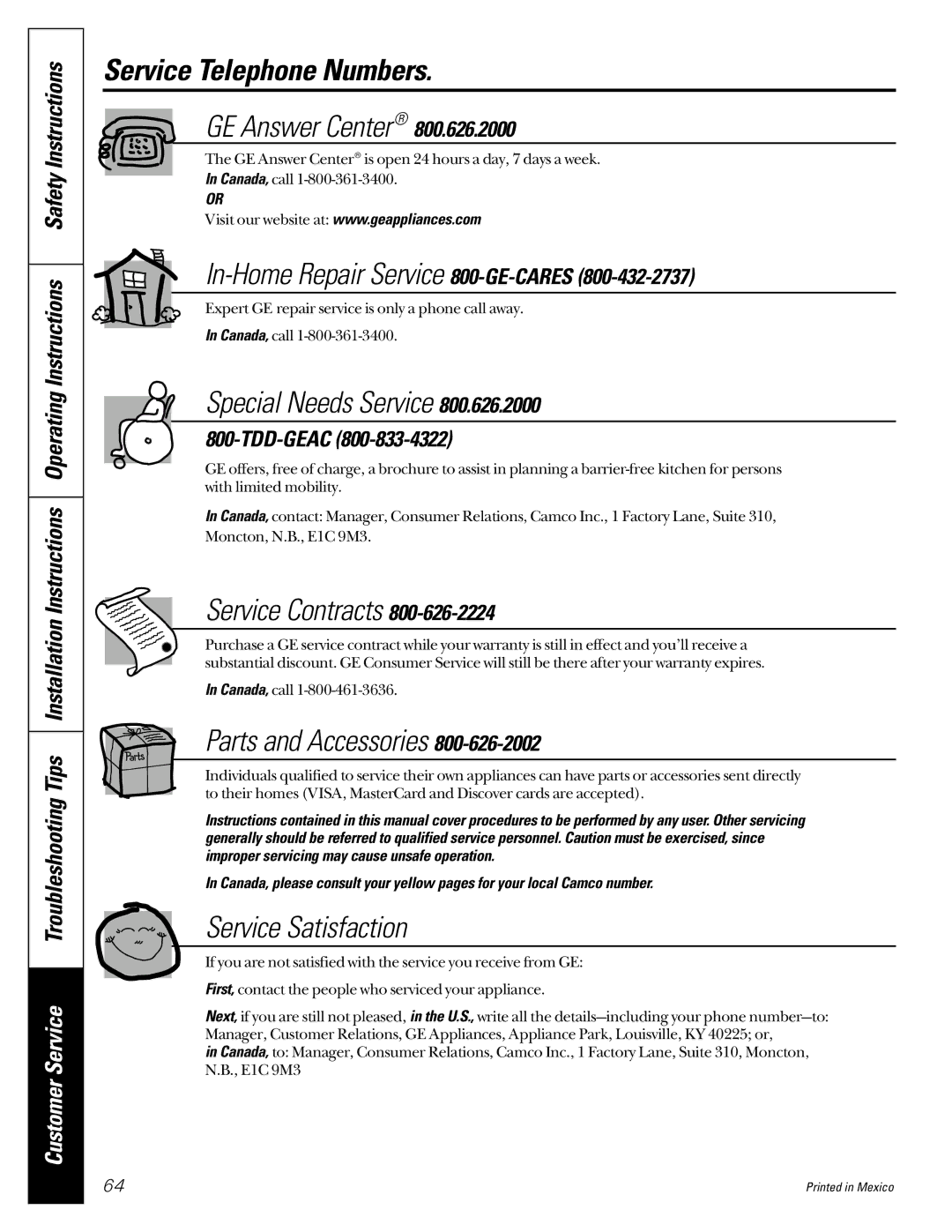 GE JGB910 JGB920 owner manual Service Telephone Numbers, GE Answer Center 